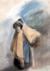 [Woman wearing a bonnet and cloak and carrying bags]