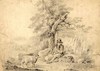 [A shepherd resting under a tree with his sheep and dog, a basket by his side]