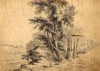 [A tree by a gateway and a distant farmhouse]