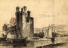 [Caernarfon Castle, Wales, with boats moored nearby]