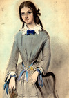 [Portrait of a girl with blue ribbons standing by a chair holding a book]