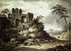 [A man resting on the roadside by the ruins of a castle]