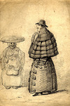 [A man wearing a cape and a woman carrying a basket on her head]