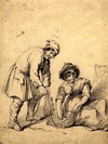 [A fisherman and fisherwoman mending their net]