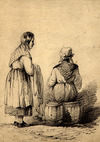 [Woman seated on two barrels with another woman standing beside her]