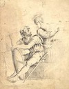 [A group of classical figures including one seated with a sword and shield]