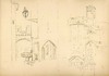 [Drawing of a narrow street : View of a church on a hill overlooking houses]