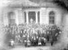 [Group outside building, election day, 1906]