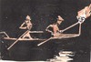 [Two men rowing a boat with torch on its prow]