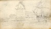 [Ship sailing past harbour wall with windmill]