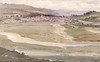 [Watercolour of a town, at the confluence of a river, with a lake or sea in the background]