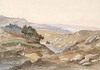 [Watercolour of a lake surrounded by boulder-strewn rugged mountain landscape]