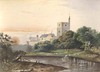 [Evening scene showing river and sheep grazing on banks, with houses and church tower behind the trees]