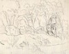 [Pencil sketch of the ruins of a building among trees]