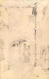 [Pencil sketch of a woman walking under an archway]