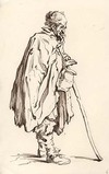 [Beggar with walking stick and jug hanging from his wrist]