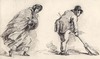 [Woman dressed in a cloak with hands in muff : Man sweeping with brush]