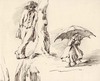 [Man leaning against tree with hands in pockets : Two women under an umbrella]