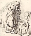 [Woman dressing a child beside a chair with a basin on it]