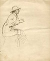 [Figure wearing hat and coat and seated]