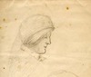 [Profile of a woman with her head lowered and wearing a hat with veil]