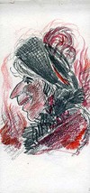 [Woman wearing hat and scarf, head and shoulders, left profile, surrounded by flames]