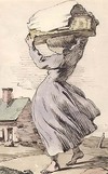 [Woman wearing bonnet and carrying basket on her head]
