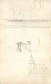 [Pencil sketches of a church, part of a castle and trees]