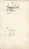 [Sketches of cottages and a building or mound surrounded by trees]