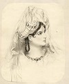 [Portrait of a woman, head and shoulders, wearing a turban, right profile, looking to right, right hand raised]