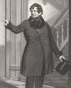 [Daniel O'Connell, M.P., (1775-1847), whole-length, to right, face turned and looking to left, standing, frock coat buttoned, right arm stretched out pointing with first finger of right hand, tall hat in left hand, arch with columns behind him and staircase in background]