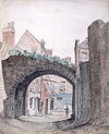 [View of St. Audeon's Arch, Dublin, Ireland, with little boy walking towards it]