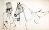 [Man, half-length, wearing top hat, turned and looking to right, holding reins of horse in his left hand]