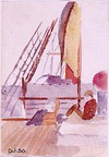 [Two figures seated on upper deck of ship]
