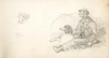 [Man in dressed in hunting dress sitting with his dog and holding a whip in his left hand : Two small pencil sketches of men's head]