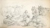 [Men sitting on ground and enjoying a picnic while their horses wait]