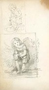 [Two similar sketches of a child standing in a stream with a cloth draped over hands]