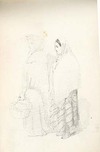 [Two women, whole-length, standing, one wearing a shawl and the other wearing a mantel and carrying a basket in her left hand]