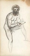 [Bearded male nude : whole-length, standing, directed and looking to left, leaning forward, sketching or writing upon a board propped on his left knee]