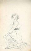 [Young boy kneeling with right knee resting on cushion, left knee bent, looking to front, turned to right, wearing dress with belt or ribbon around waist, hair in curls]