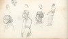 [Sketches of soldiers in their uniforms : Head of a woman wearing bonnet and veil over face]