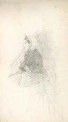[Woman seated, three-quarter-length, turned and looking to left, wearing cape and bonnet with veil over face]