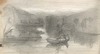 [Man standing in rowboat on lake and either steering it or catching fish , with mountains in the distance]