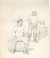 [A fisherman sits on a barrel while another fisherman stands behind him. In the background another fisherman sits on a barrel talking to a fisherman carrying a barrel on his left shoulder. In the distance is a fort or castle on a cliff top]