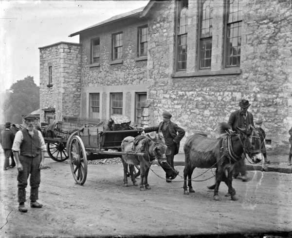 Donkey-drawn carts stopped in the middle of the street, with bystanders