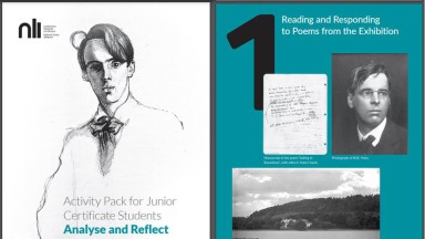 A National Library of Ireland branded page features a sketch of a young WB Yeats, with text and photographs 