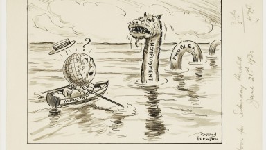 Cartoon showing a character with a globe head in a rowboat being chased by a water monster labelled as the "unemployment problem."