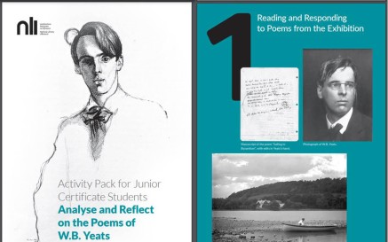 A National Library of Ireland branded page features a sketch of a young WB Yeats, with text and photographs 