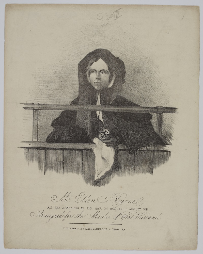Print depicting Mrs Ellen Byrne; nearly half length, full face, looking to left, in widow's weeds, holding flowers and handkerchief in left hand, at the bar; vignette.