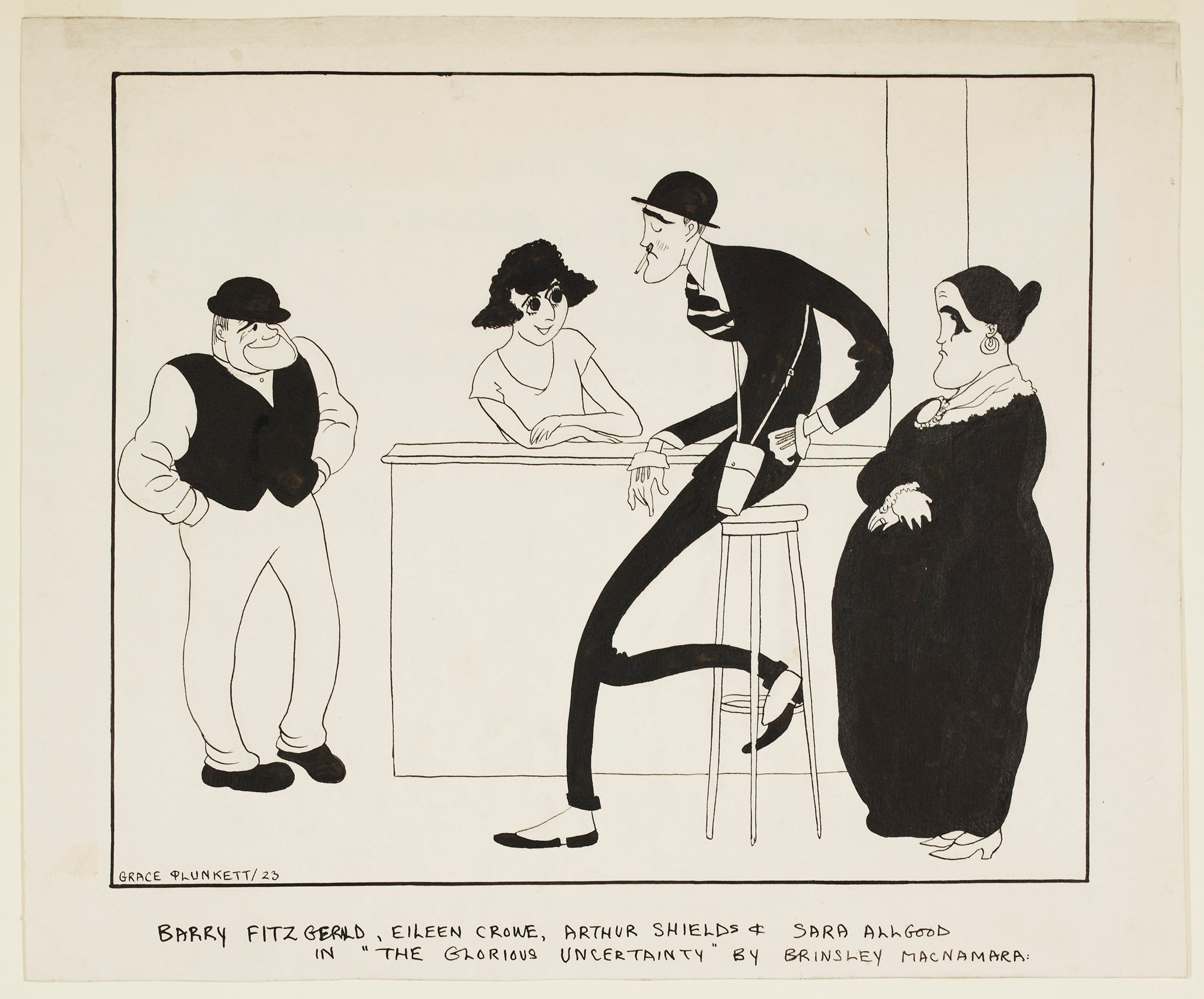 Black and White illustration featuring two women and two men gathered at a bar, drawing by artist Grace Gifford Plunkett, 1923.